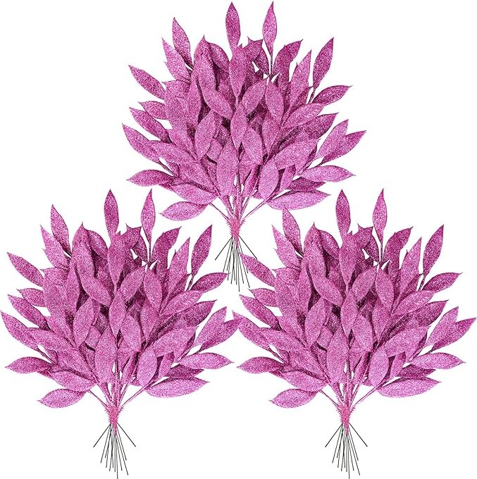 Winlyn 40 Pcs Pink Glitter Bay Leaf Sprays Artificial Christmas Tree Picks 12.7" Tall for Pink Christmas Tree Wreath Swag Floral Arrangement Winter Wedding Bouquet Centerpiece Decoration