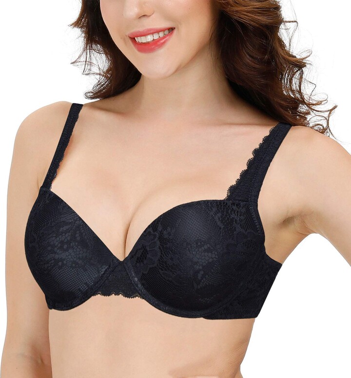 YANDW Sexy Lace Push Up Balconette Bra Padded Underwire Plunge Lift Add One  Cup Demi T-Shirt Bras - black - 36A