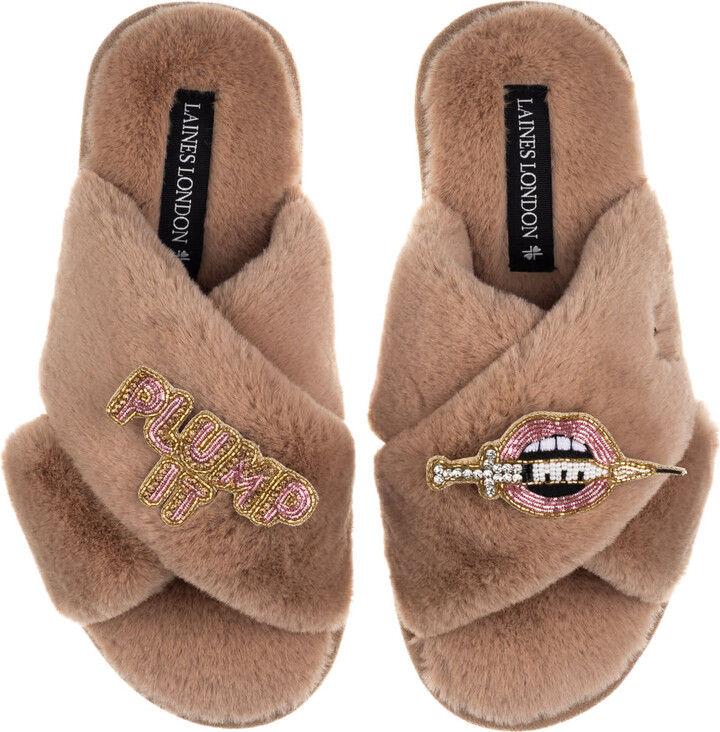 Laines London Brown / Neutrals Classic Laines Slippers With Plump It Pout Brooches - Toffee