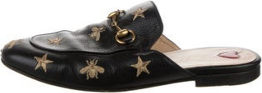 Gucci Leather Mules Black Printed Horsebit Accent & Bee Accent Round-Toes with Embroidered Accent Designer