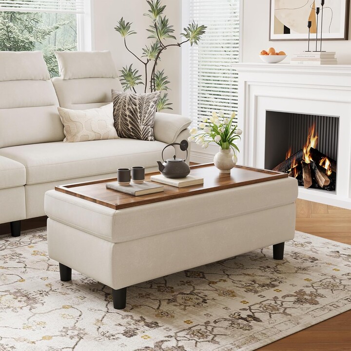 XMSJ 46 Inches Wide Storage Ottoman Bench, Linen Coffee Table Folding Long Shoes Bench Footstool, Storage Chest, Foot Rest Stool