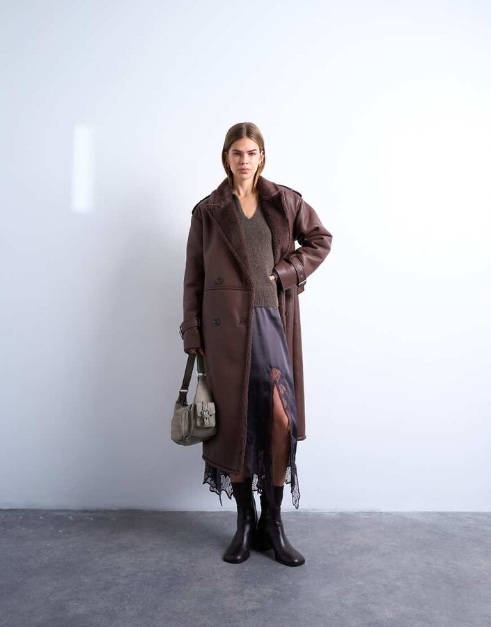 Topshop longline oversized aviator borg coat in chocolate