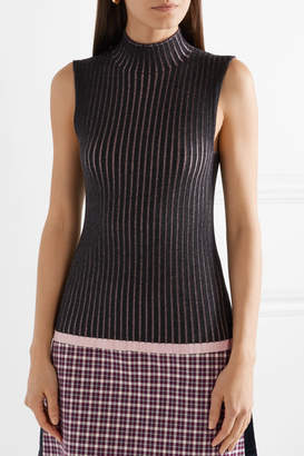 Burberry Striped Ribbed Cashmere And Silk-blend Turtleneck Top - Charcoal