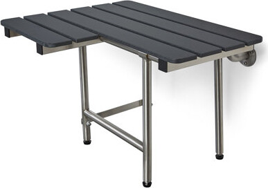 Seachrome 32-inch x 22.5-inch ADA Bariatric Wall Mount Folding Transfer Bench Shower Seat with Legs, Right-Handed, Black Slatted Phenolic Seat