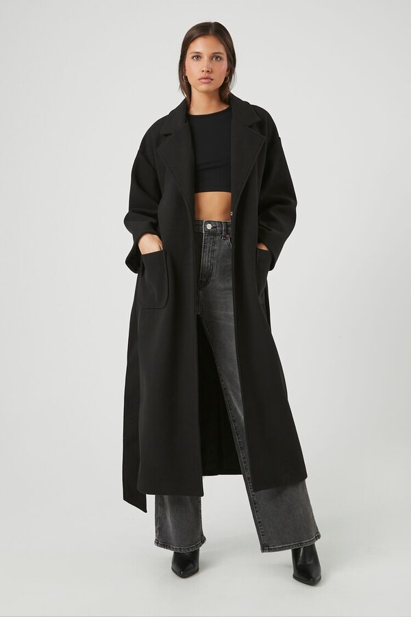 Forever 21 Women's Belted Longline Duster Coat in Black Large - ShopStyle