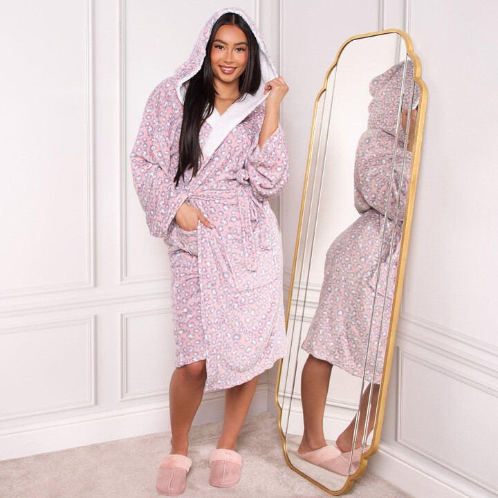 Dreamscene Leopard Print Sherpa Flannel Fleece Hooded Dressing Gown ShopStyle Robes