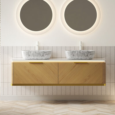 Hokku Designs 60" Floating Double-Sink Bathroom Vanity, Espresso Woodgrain Plywood Cabinet With 2 Drawers & Sensor Light, Sintered-Stone Top & 2 Marble-Pattern Cera