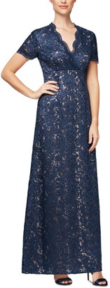 Alex Evenings Sequinned Embroidered A-Line Surplice Gown