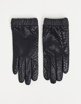 Thumbnail for your product : ASOS DESIGN leather gloves in shiny snake print with ruched cuff in black