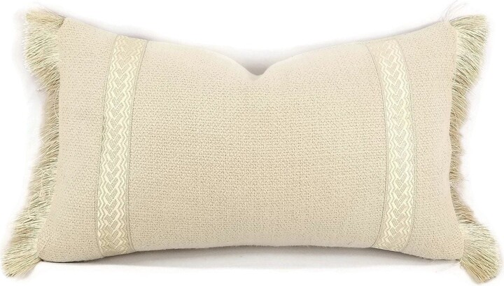 11.5" X 20" Lee Jofa Jopu in The Color Sand Embellished With Gold Ribbon & Fringe Lumbar Pillow Cover