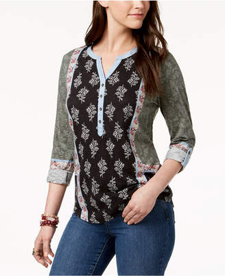 Style&Co. Style & Co Mixed-Print Tab-Sleeve Henley, Created for Macy's