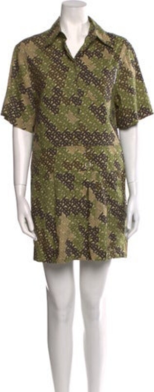 Burberry Shirtdress Green Printed TB Monogram Pleated Accents Short Sleeve with Collar Button Closure at Front