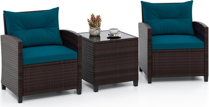 Gouun 3 Pieces Rattan Patio Furniture Set with Washable Cushion-Peacock