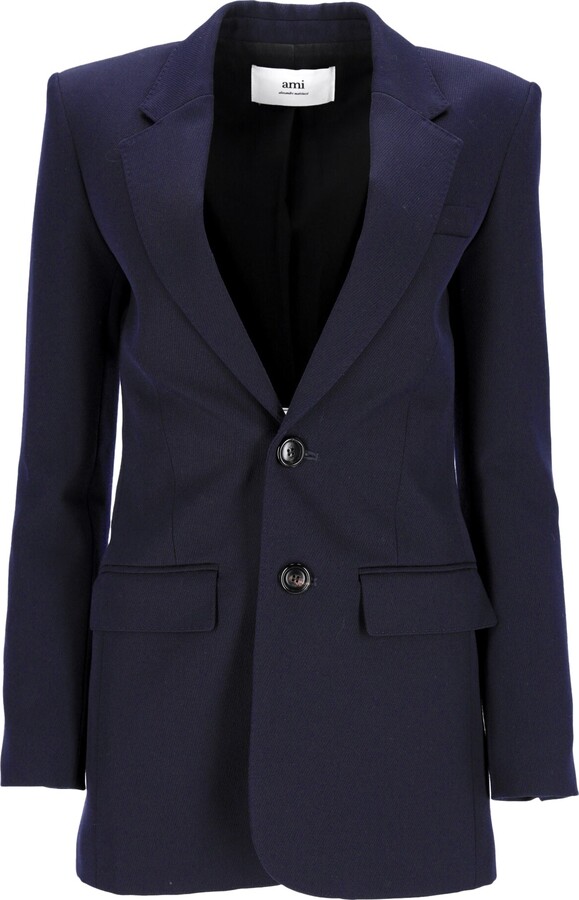 Single-Breasted Blazer in Navy Blue Wool