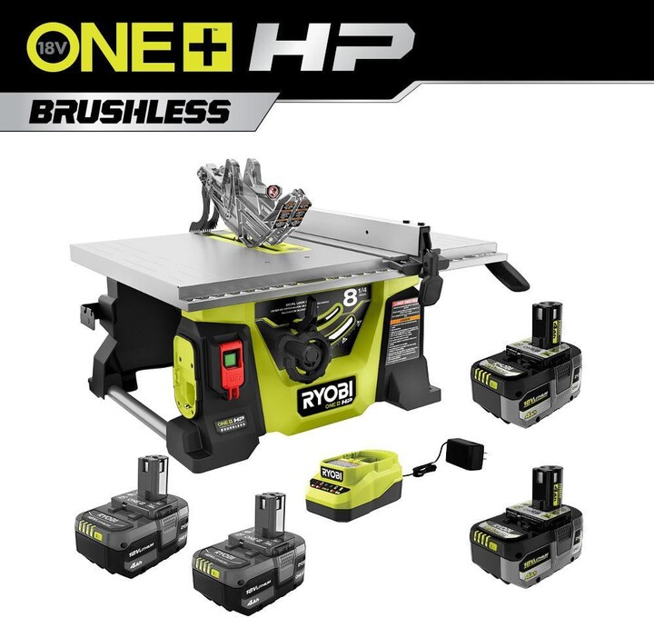 RYOBI ONE+ HP 18V Brushless Cordless 8-1/4 in. Compact Portable Jobsite Table Saw Kit with (4) 4.0 Ah Batteries and Charger