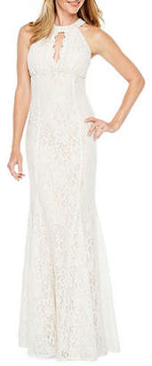 R & M Richards Sleeveless Halter Lace Evening Gown