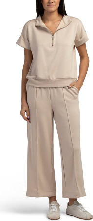 TJMAXX 2Pc Scuba Short Sleeve Half Zip Mock Neck Top And Pull On Pants Set, Spandex/Polyester/Rayon