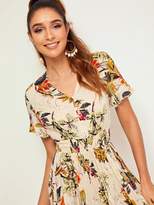 Thumbnail for your product : Shein Botanical Print Shirred Waist Button Front Dress