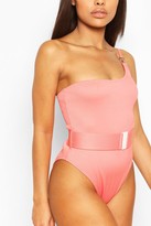 Thumbnail for your product : boohoo Petite Rib One Shoulder Belted Swimsuit