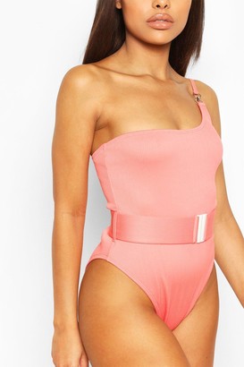 boohoo Petite Rib One Shoulder Belted Swimsuit