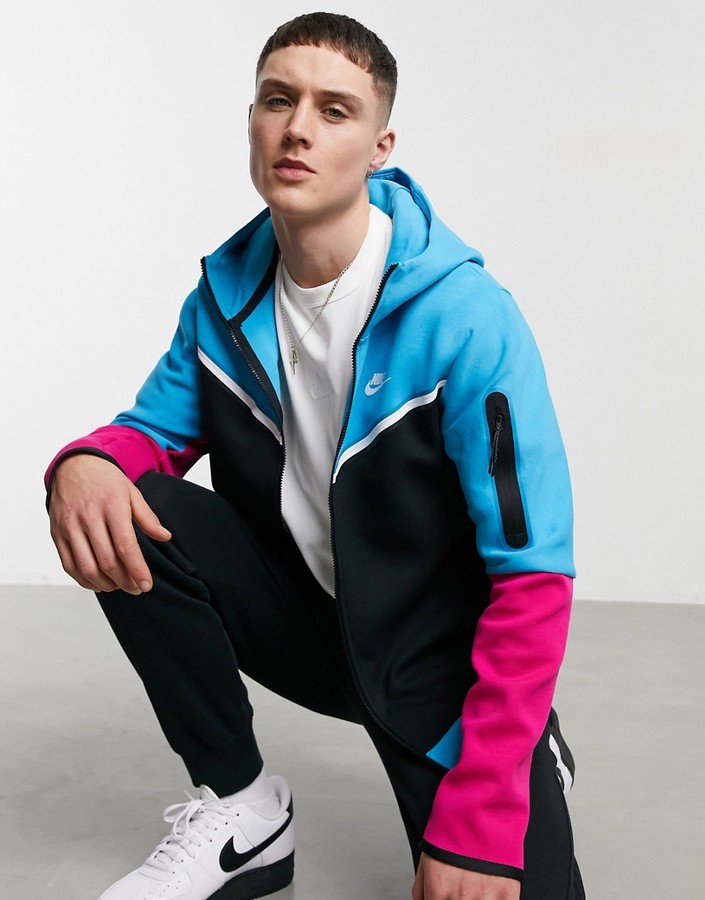 Nike Tech Fleece full-zip color block hoodie in black & blue 