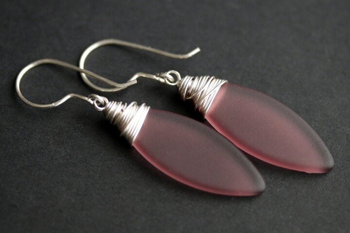 Etsy Amethyst Purple Seaglass Earrings. Dangle Marquis Style Frosted Plum Wire Wrapped