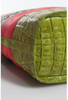 Nancy Gonzalez Green Pink Crocodile Woven Straw Beach Tote Handbag IN DUSTBAG