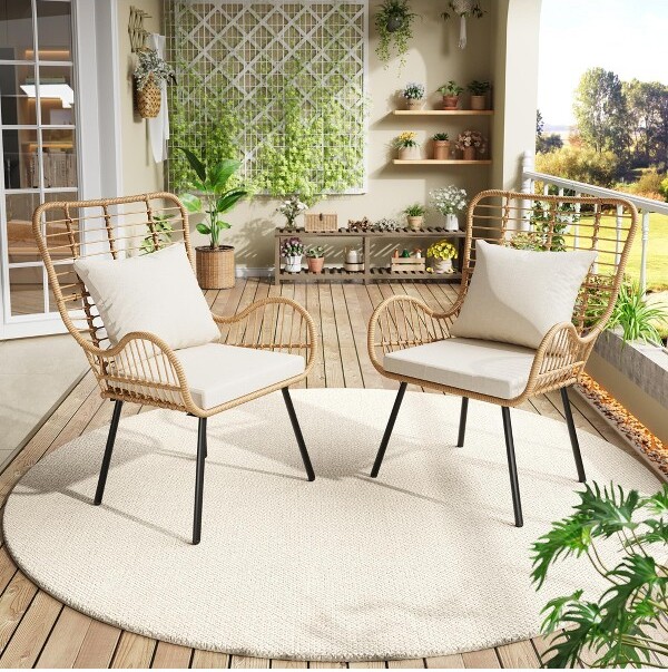 EcoSummer BohoPatioWickerChairsSetof2330lbCapacityBrownRattanwithCushions&PillowsAll-Weather