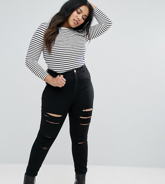 ASOS DESIGN Curve high rise ridley 'skinny' jeans in black with shredded rips