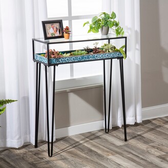 Evergreen Metal Table with Glass Top and Teal Metal Planter Dish