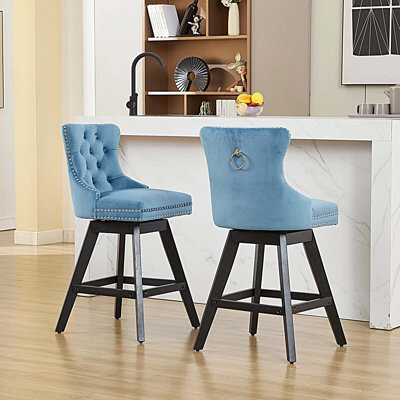 Everly Quinn Swivel Velvet Barstools Bar Chairs with Button Tufted and Wooden Legs, Chrome Nailhead Trim (Light Blue, Set of 2)