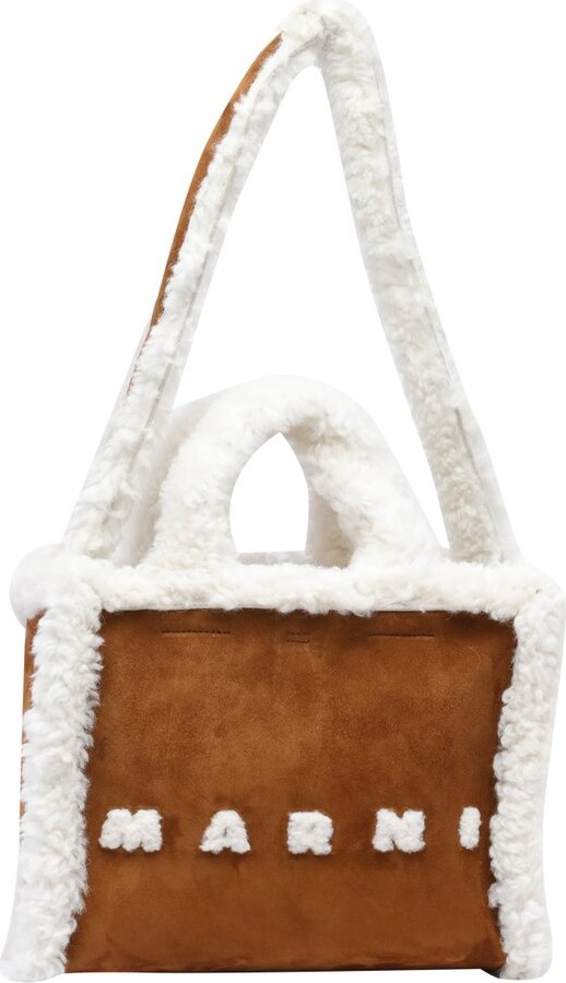 Marni Shearling-Trim Logo Detailed Tote Bag