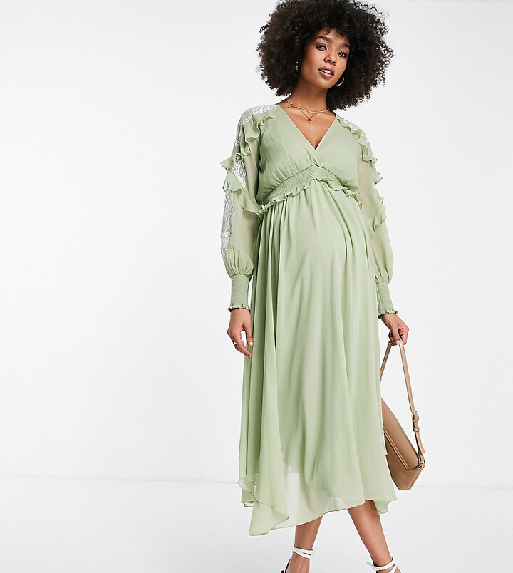 ASOS Maternity ASOS DESIGN Maternity Midi Dress with Embroidery and lace  Trim Detail in sage - ShopStyle