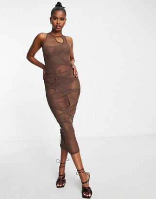Missy Empire Missyempire x Aaliyah Ceilia mesh cut out overlay maxi dress  in chocolate - ShopStyle