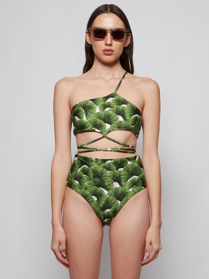 Agua by Agua Bendita Azucena Asymmetrical Leaf Print Bikini Top