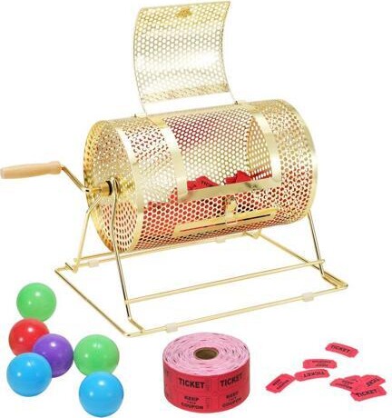 VEVOR Raffle Drum,Holds 2500 Tickets or 100 Ping Pong Balls, Metal Lottery Spinning Drawing with Wooden Turning Handle,11.6 x Ø7.48 inch Brass...