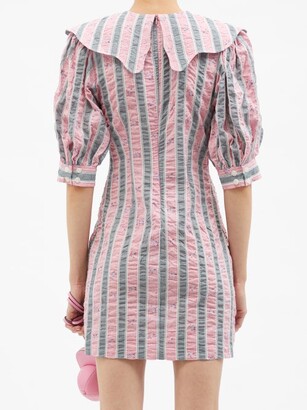 Ganni Exaggerated-collar Striped Organic-cotton Dress - Light Pink