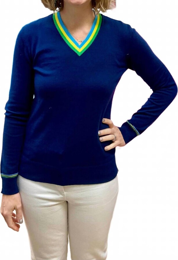Pure Amici Pullover Lightweight Sweater In Navy / Turqoise