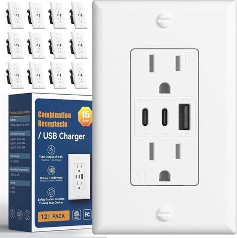 Fahint Amico 6.0A USB Outlet 12 Pack, 3-Port 30W Wall Outlets with 2 Type C & 1 Type A, 15 Amp Receptacle Plug, Tamper Resistant Receptacle, Wall Plate...