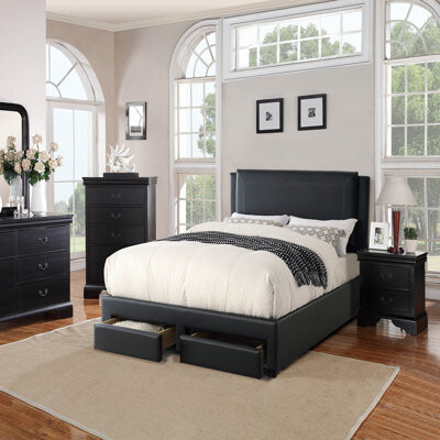 Hokku Designs 1pc Bed w Storage Drawers FB Modern Faux Leather Upholstered Bedroom Furniture