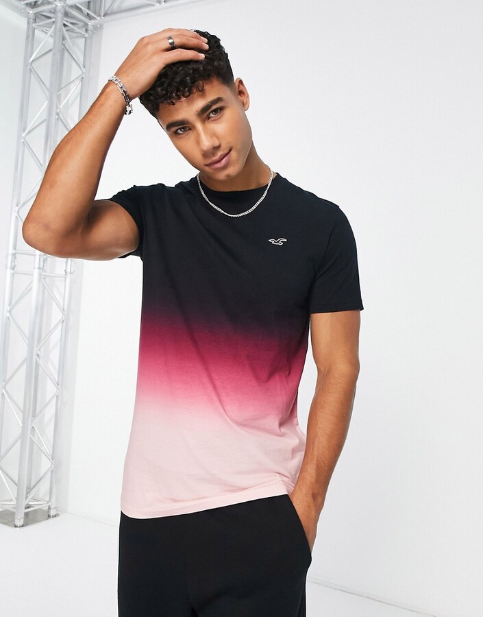 Hollister icon logo curved hem ombre t-shirt in black/pink - ShopStyle