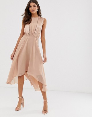 ASOS DESIGN midi dress in satin and crepe with lace trim and tie waist
