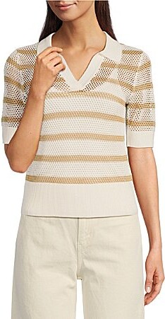 Le' AL.X Stripe Knit Wide Mesh Polo Collar V-Neck Short Rugby Top