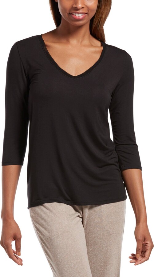 Hue Women's Sleepwell Solid 3/4 V-Neck T-Shirt with Temperature Regulating Technology