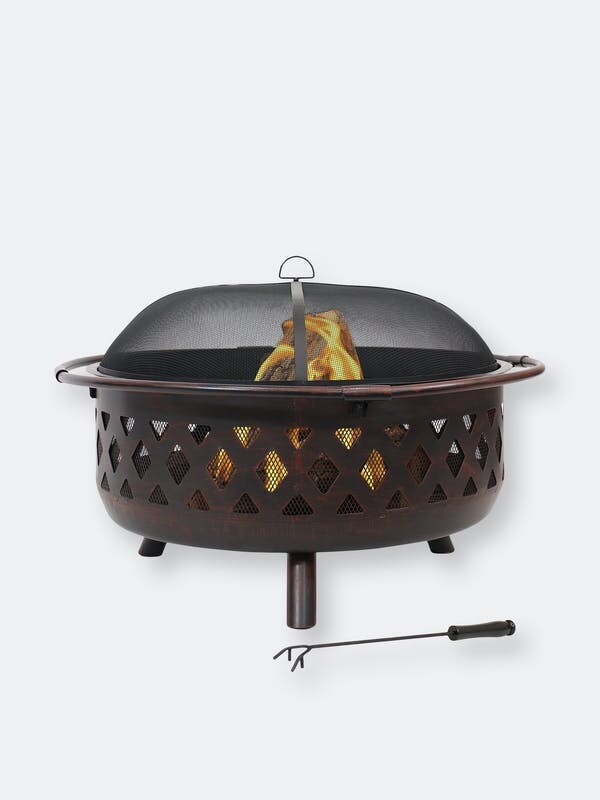 Sunnydaze Decor Sunnydaze 36 in Crossweave Steel Fire Pit with Screen, Poker, and Grate Brown