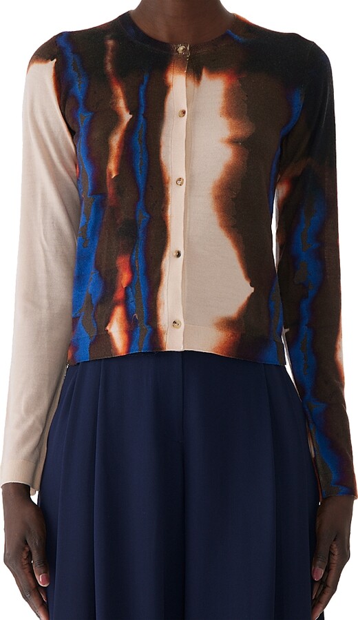 Jason Wu Collection Burned Striped Wool Crewneck Cardigan Sweater