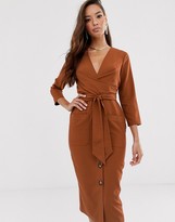 Thumbnail for your product : ASOS DESIGN DESIGN button through tie wrap around midi dress in rust