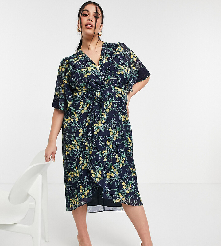 Hope & Ivy Plus kimono knot front midi dress in navy floral - ShopStyle