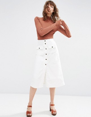ASOS Cord Button Through Midi Skirt in White