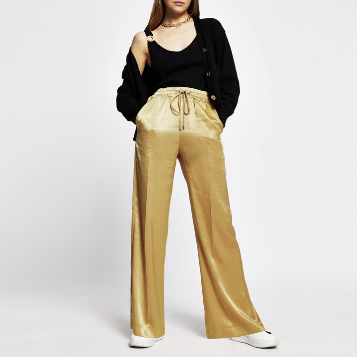 River Island Womens Gold high waist wide leg trousers ShopStyle